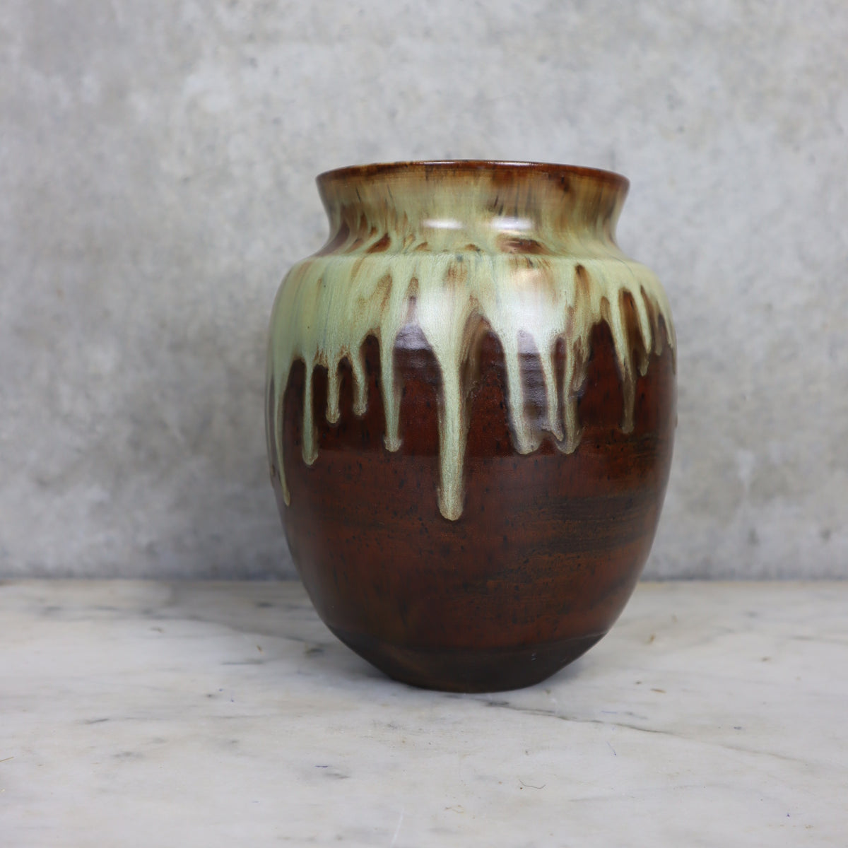 Flared Rim Studio Pottery Jar Vase Dark Olive Brown with Drip Collar Finish and Carved Foot popular