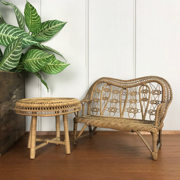 Vintage Boho Rattan Sofa & Coffee Table (doll's size)