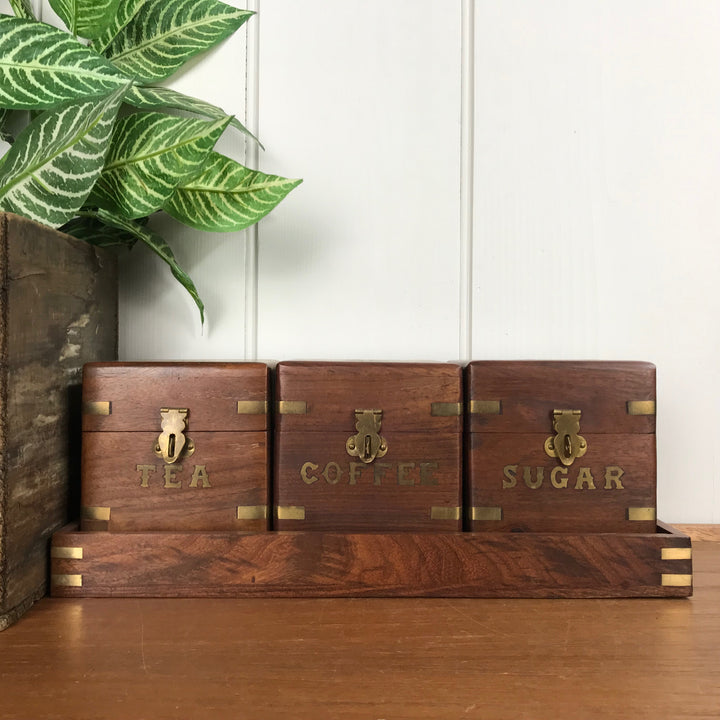 Vintage Kitchen Storage Canisters - Teak & Brass