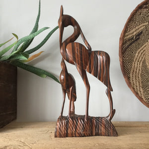 Mid Century Wooden Carved Adult Crane with Young