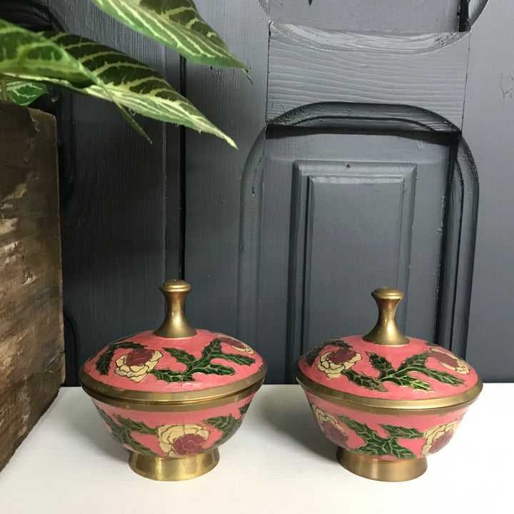 Pair of Vintage Brass Pink Trinket Boxes #pink