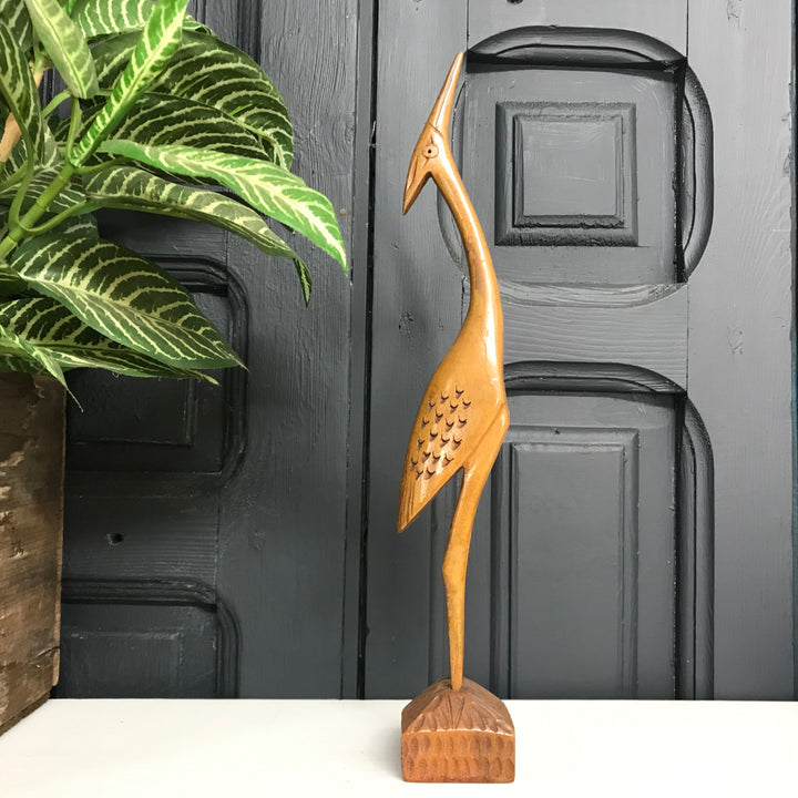 Mid Century Wooden Carved Crane C1