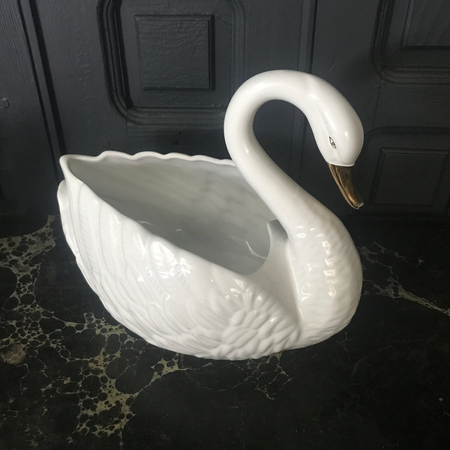 Mid Century Ceramic Swan Planter in White