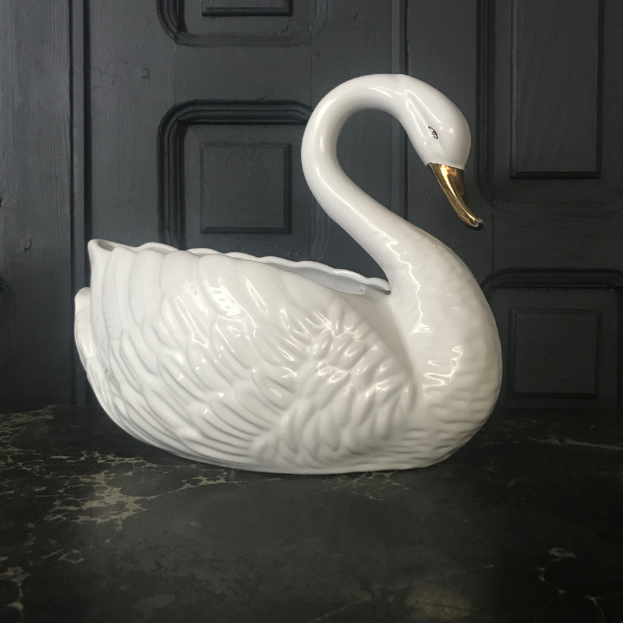 Mid Century Ceramic Swan Planter in White